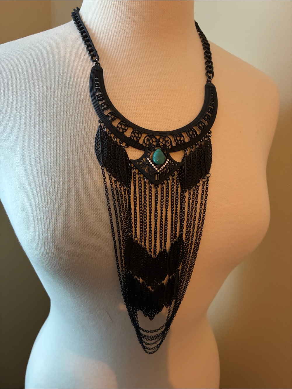 Black Filigree Fringe Necklace with Turquoise Accent